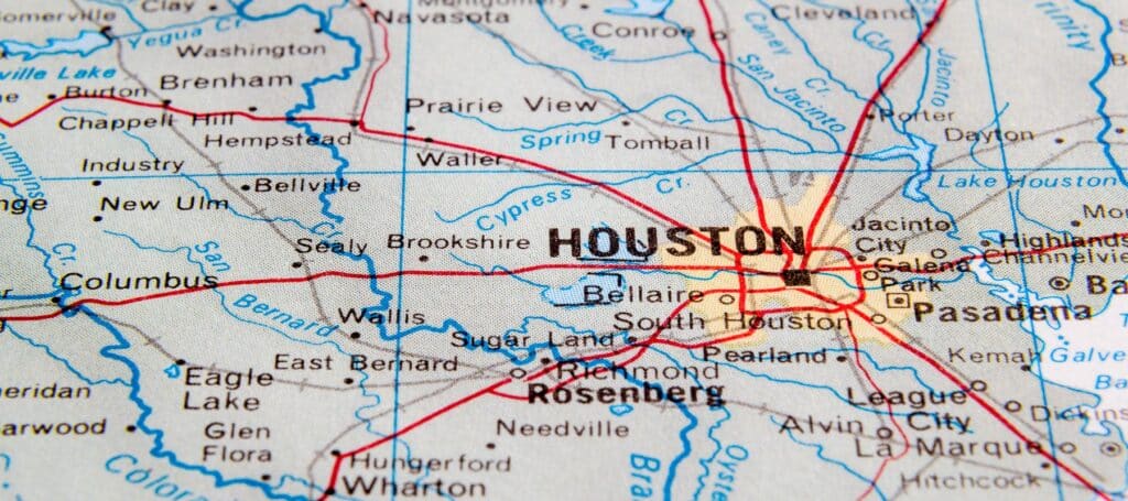 A close-up map highlighting Houston and surrounding areas in Texas