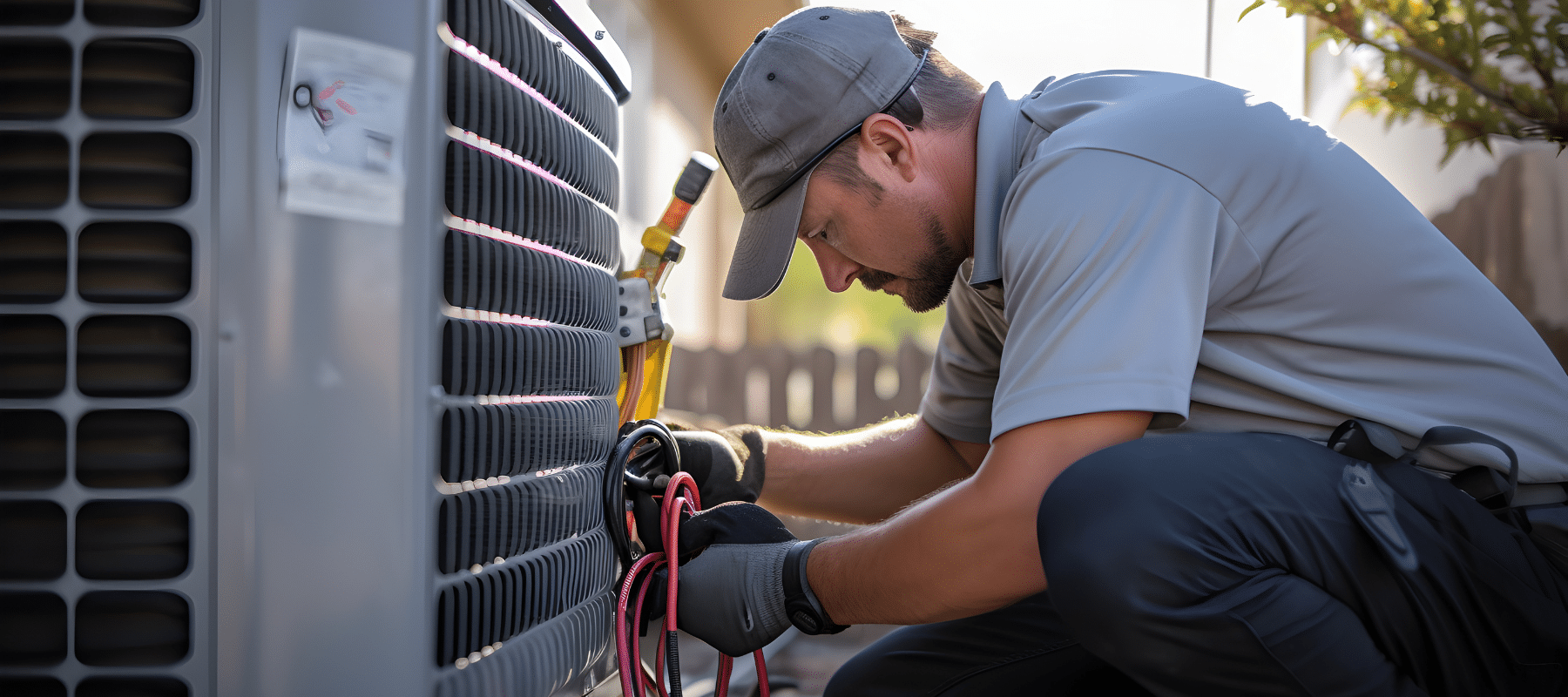 An HVAC technician in a gray uniform and cap working on an outdoor air conditioning unit with tools and diagnostic equipment